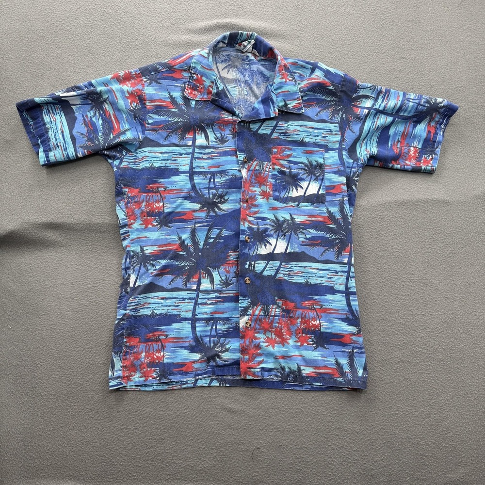 Vintage Campus Shirt Mens Medium Blue Palm Tree Hawaiian Tropical Made In USA
